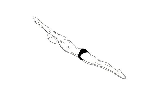 A swimmer dives into water. The swimmer extends their arms and legs in a streamlined position.