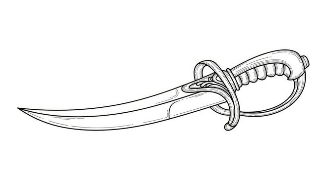 A detailed black and white line drawing depicts a curved sword hilt with a decorative wire wrapping and a prominent knuckle guard.