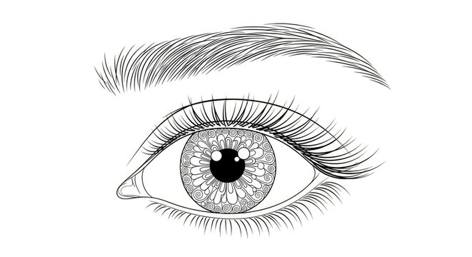 A detailed black and white line drawing depicts a human eye with a prominent eyebrow. The eye features a complex, ornate mandala pattern within the iris.
