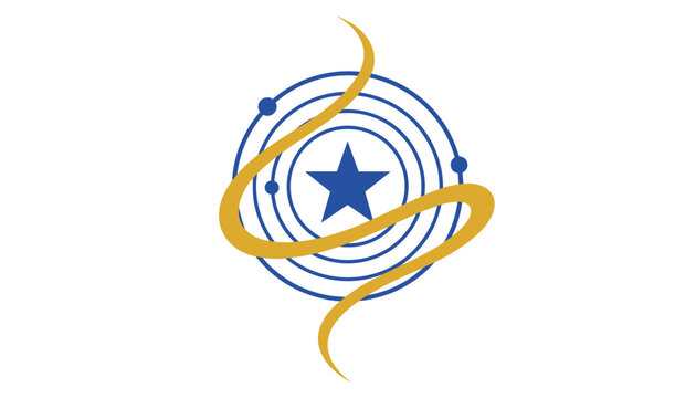 Abstract astronomical logo featuring a blue star surrounded by orbital rings and a golden energy wave.