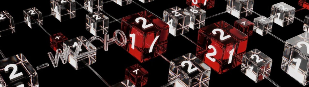 Red and clear numeric cubes scattered over black reflective plane