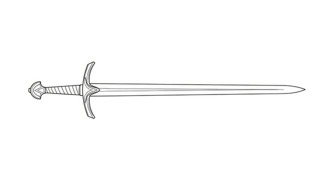 A detailed line drawing depicts a longsword. The sword features a prominent guard, a long blade, and a crossguard.