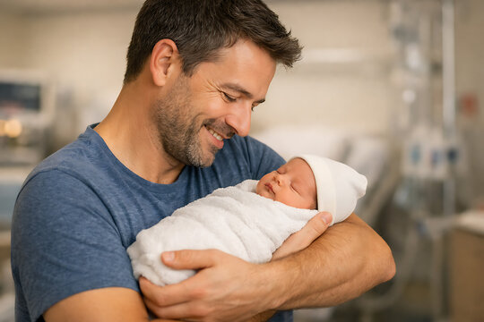 Smiling proud father holding newborn baby in his arms