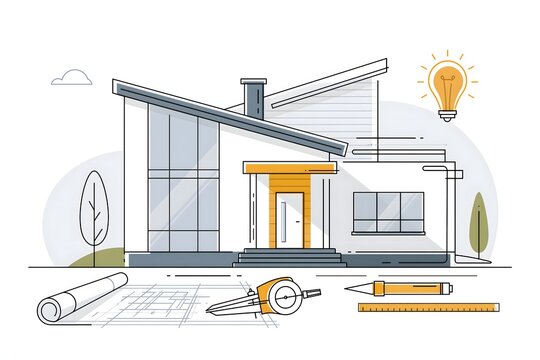 minimal continuous one line illustration of modern house, architectural blueprint and measuring tools representing home design and construction, Scandinavian vector design