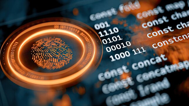 Glowing digital fingerprint scanner with binary code background