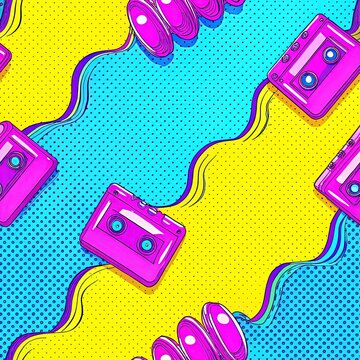 Vibrant retro pop art seamless pattern with audio cassettes and dynamic wavy lines on bright yellow background