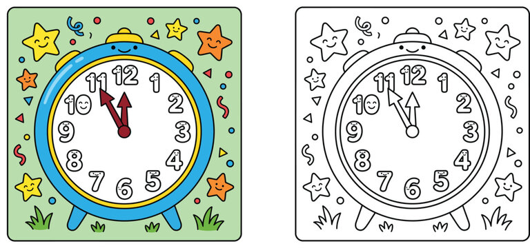 Cute cartoon alarm clock coloring page for kids with colored example, vector illustration activity sheet line art for preschool children