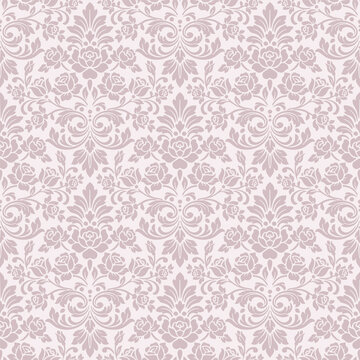 Elegant pink damask pattern featuring beautiful damask floral ornament in classic style, vector perfect for luxury wallpaper background and vintage pink damask fabric design.