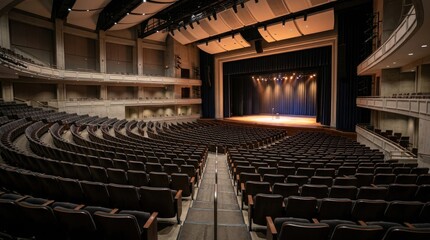Fototapeta premium A wide-angle photograph captures the interior of a grand concert hall. Rows of dark theater seats stretch out towards a large stage with a curtain.