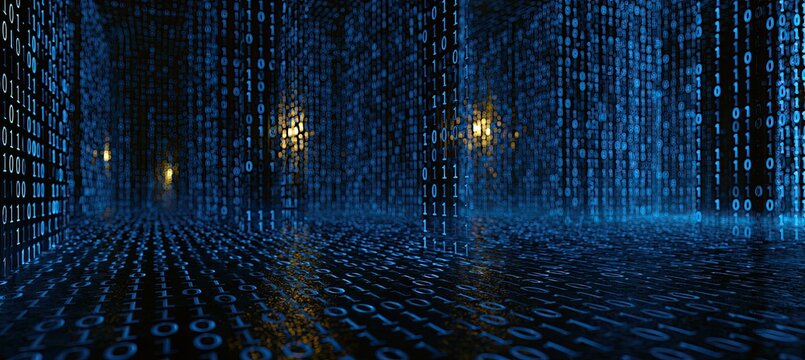 Digital waterfall cascades in a dark, futuristic room with binary code reflections