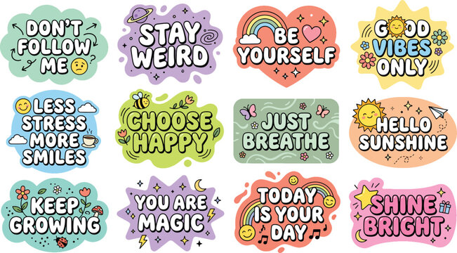 Pastel motivational stickers with positive affirmations and icons
