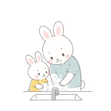 親子で手洗いをするかわいいウサギのイラスト　感染予防・衛生・健康習慣
