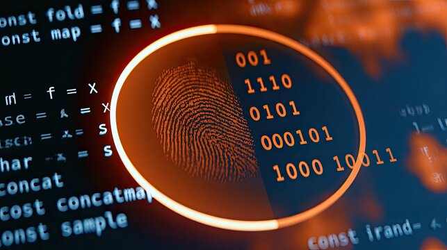 Digital fingerprint scan within binary code on a dark, glowing screen