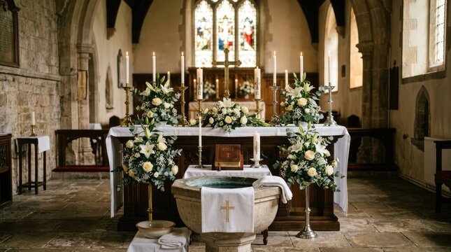 A church altar is decorated with white flowers, candles, and a baptismal font. The altar is positioned in front of stained glass windows.