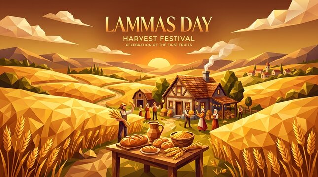 Lammas day harvest festival celebration in rural farm landscape with festival