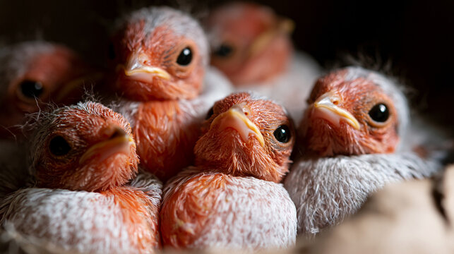 Newly hatched chicks huddled together in nest, soft downy feathers, intimate scene.