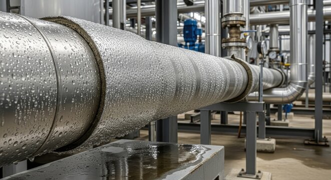 A close-up shot of a wet, stainless steel pipe system within a large industrial facility. Water droplets cling to the pipe's surface, reflecting the surrounding lights.