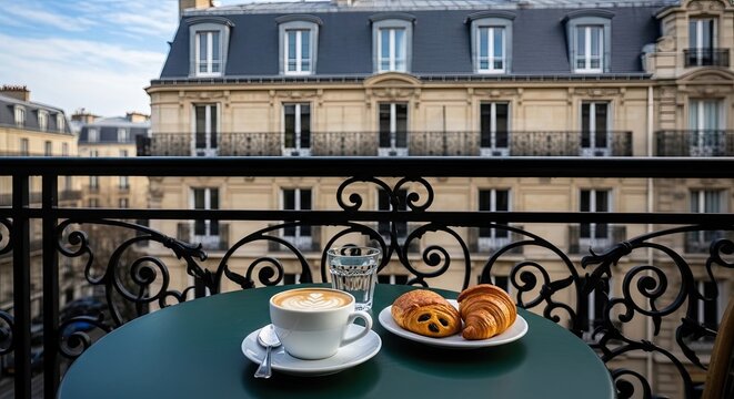 A person enjoys a delightful breakfast on a balcony overlooking a Parisian cityscape.