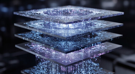 Fototapeta na wymiar Layered Semiconductor Technology Featuring Advanced Microprocessor Circuits with Glowing Digital Data Streams and Futuristic Processing Architecture