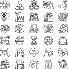 Fototapeta premium Renewable Chemicals Bio-Based Chemistry Green Manufacturing Line Icons Vector Set for Sustainable Industry