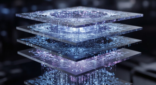 Layered Semiconductor Technology Featuring Advanced Microprocessor Circuits with Glowing Digital Data Streams and Futuristic Processing Architecture
