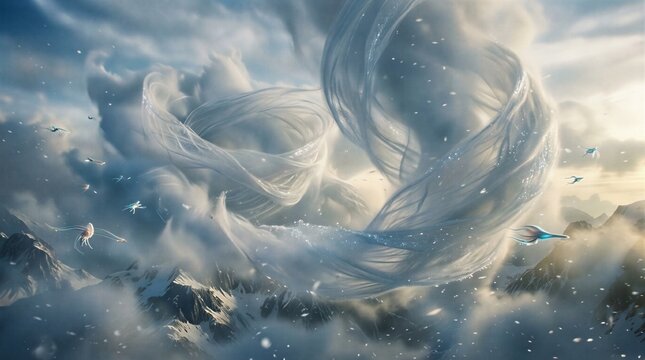 Heavenly fantasy skyscape with dramatic swirling cloud formations and soft sunlight rays
