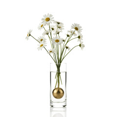 Pendulum Daisies Sparse daisies (Bellis perennis) in a clock pendulum vase, blooms swaying with motion, brass weight polished, isolated on © svetograph