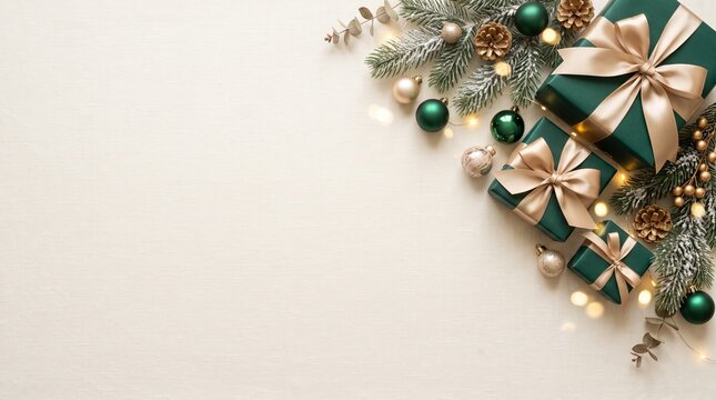 Festive christmas background with gift boxes and holiday decorations on a light surface with copy space