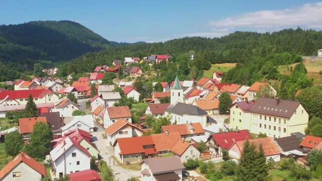 Aerial view of countryside landscape, small mountain town of Lokve in Gorski kotar, Croatia