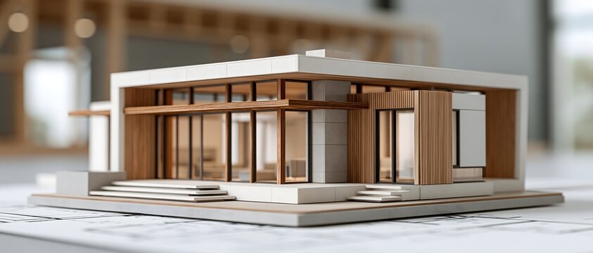 contemporary residential architecture project with house model, structural framework and construction documents, premium commercial photography