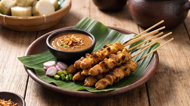 Grilled chicken satay (sate ayam) served on a clay plate lined with banana leaf, accompanied by rich peanut sauce, fried shallots, sliced fresh shallots, chili, and lontong (rice cake)in the backgroud