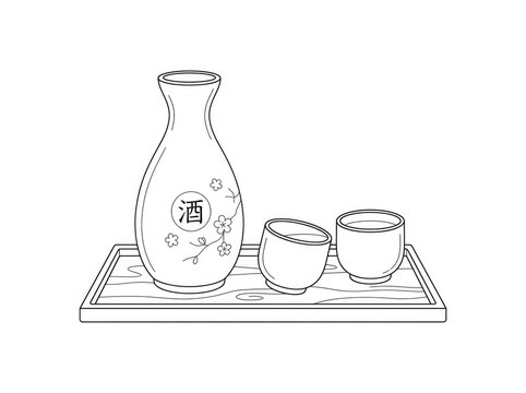 A black and white line drawing depicts a traditional Japanese sake bottle resting on a tray. A smaller sake cup sits beside it.