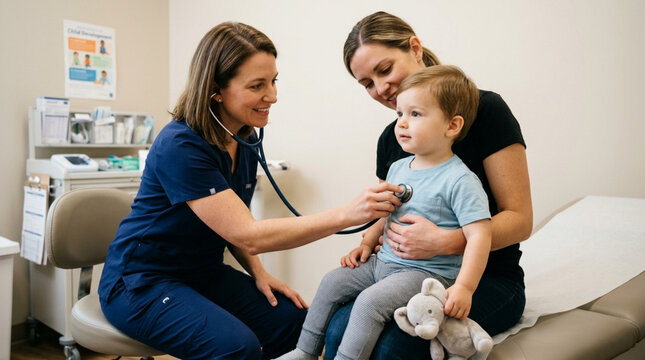 Pediatrician with stethoscope examines child held by mother in clinic