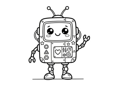 A cute, cartoon robot stands with its arms outstretched. The robot has a friendly face with large eyes, a small mouth, and a happy expression.