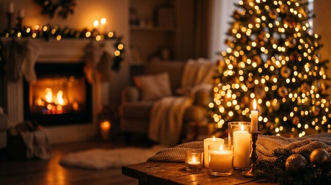 Cozy living room interior decorated for christmas with a glowing fireplace and a beautifully lit pine tree