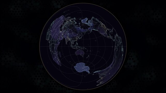 Azimuthal Equidistant projection of Earth at night. Rotating globe with glowing city lights, cyan and white country borders, and amber graticule lines on dark hexagonal background. Seamless loop.
