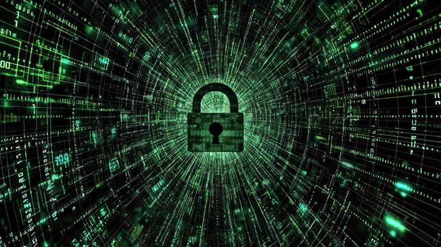 A digital tunnel of green binary code leads to a glowing padlock. The padlock is centered within the tunnel, symbolizing security and protection.
