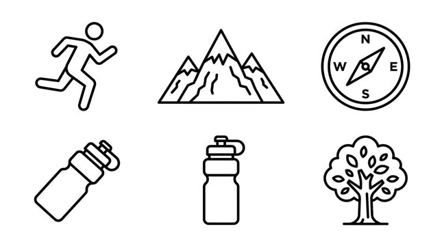outdoor adventure, running icon, mountain illustration, compass icon, water bottle, tree icon, hiking vector, camping design, fitness icon, navigation symbol, nature illustration, black and white vect
