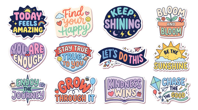 Set of uplifting motivational stickers with positive phrases