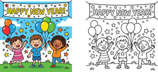 Fototapeta premium Happy New Year celebration with happy children holding balloons and banner, colored vector illustration and black and white outline coloring page for kids activity