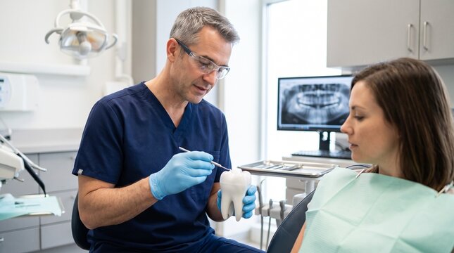Male dentist talking to his female patient and holding a tooth model in a modern dental office clinic