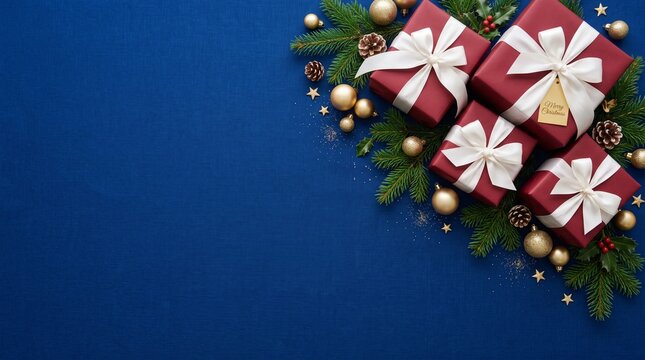 Festive christmas gift boxes with white ribbons and ornaments on a deep blue background with copy space