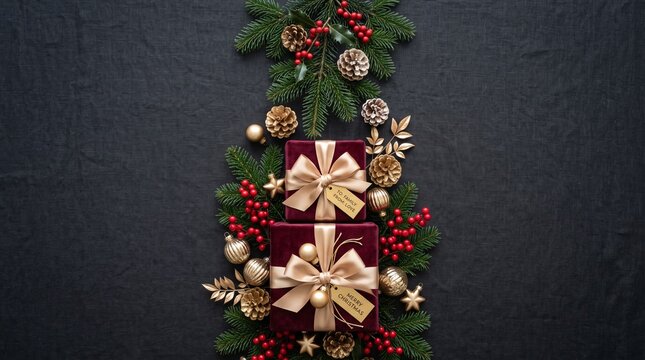 Festive christmas garland with red velvet bows and golden ornaments isolated on a dark grey background