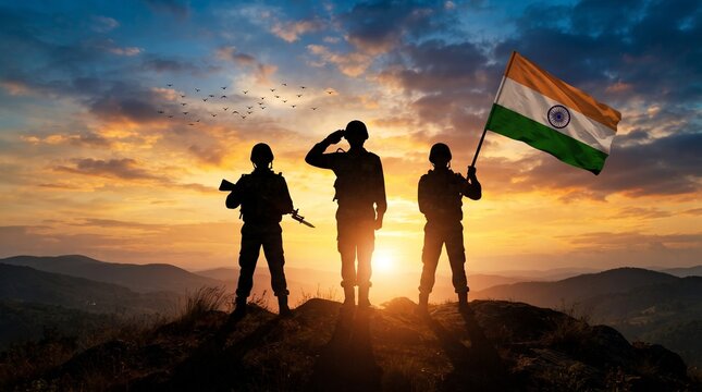 Silhouettes of soldiers with the India flag stand against the background of a sunset or sunrise. Concept of national holidays. Commemoration Day.