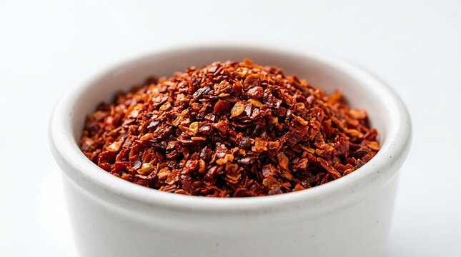 A small white bowl filled with crushed red chili pepper flakes for seasoning food and spicy cooking. aleppo pepper powder