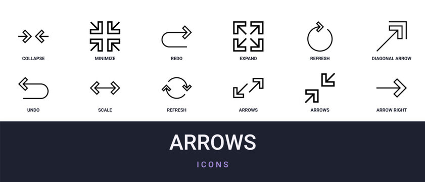 Set of 12 outline web Arrows icons such as arrow right, arrows, arrows, refresh, scale, undo, diagonal arrow vector icons for report, presentation, diagram, web design, mobile app