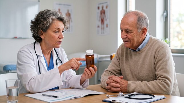 Female doctor explaining medicine bottle to an elderly man in a medical office