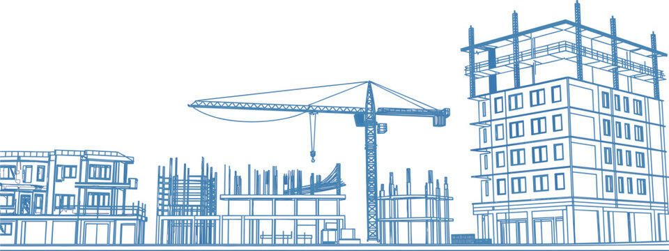 Building construction site vector illustration, tower crane and house structure blueprint blueprint design