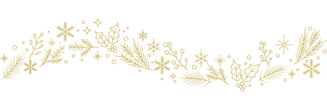 Christmas decorative wave pattern border with snowflakes, pine branches, holly leaves and winter botanical line art on white background