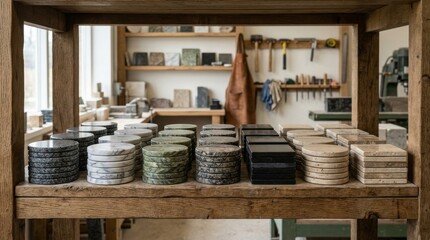 Fototapeta premium Stacks of handcrafted leather goods on a wooden workbench in a professional artisan workshop.